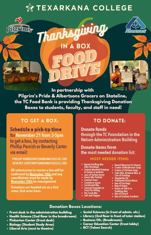 Thanksgiving Food Drive Flyer. All information on this flyer is listed above.