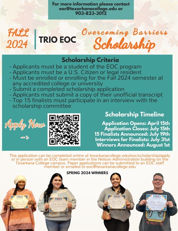 TRIO EOC Overcoming Barriers Scholarship Flyer. All information on this flyer is listed above.
